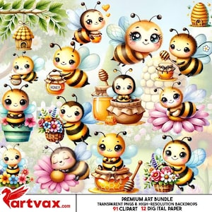 May include: A digital art bundle featuring multiple cartoon bees with big eyes, honey pots, and flowers. The bees are yellow and black with blue wings. The image includes the text "PREMIUM ART BUNDLE" and "artvax.com".