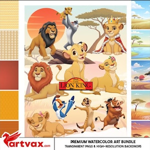 The Lion King Clipart Bundle | Watercolor Disney PNGs | Simba Pumbaa Timon | Digital Download | Safari Party Decor & Nursery Art
