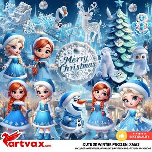 May include: A digital illustration featuring cartoon characters in winter attire, including princesses, a snowman, and various winter-themed decorations. The image has a blue and white color scheme, with the text "Merry Christmas" and "Best Quality".
