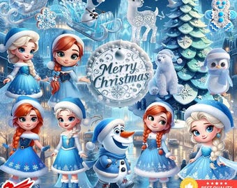 3D Gefrorene Weihnachten PNG Bundle, Süße Elsa Anna Olaf Sublimation, Winter Wunderland Digitaler Download, Eis Prinzessin Urlaub Clipart