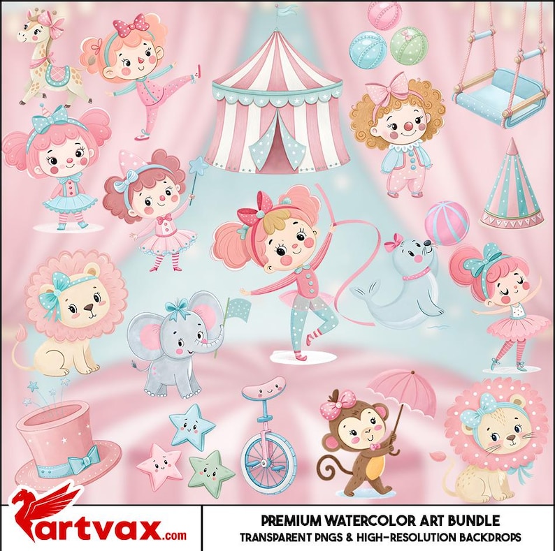 Pink Circus Watercolor Clipart Bundle | Cute Pngs | Circus Tent ...