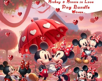 Mickey Minnie Love Clipart Bundle, Cute 3D Valentine Couple PNG, Red Umbrella Heart, Romantic Wedding Anniversary, Boyfriend Girlfriend png