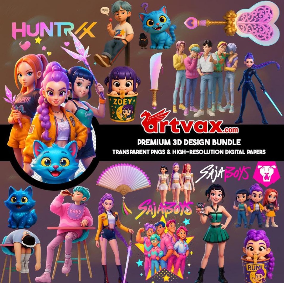 Kpop Huntrix PNG Bundle, K-pop Boys, Derpy Tiger, Fantasy Weapons