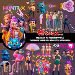 May include: A digital design bundle featuring cartoon characters, including a blue cat, a boy with a lollipop, and a group of stylized figures. The image includes the text "HUNTR," "ZOEY," "Artvax.com," and "SAJA BOYS."
