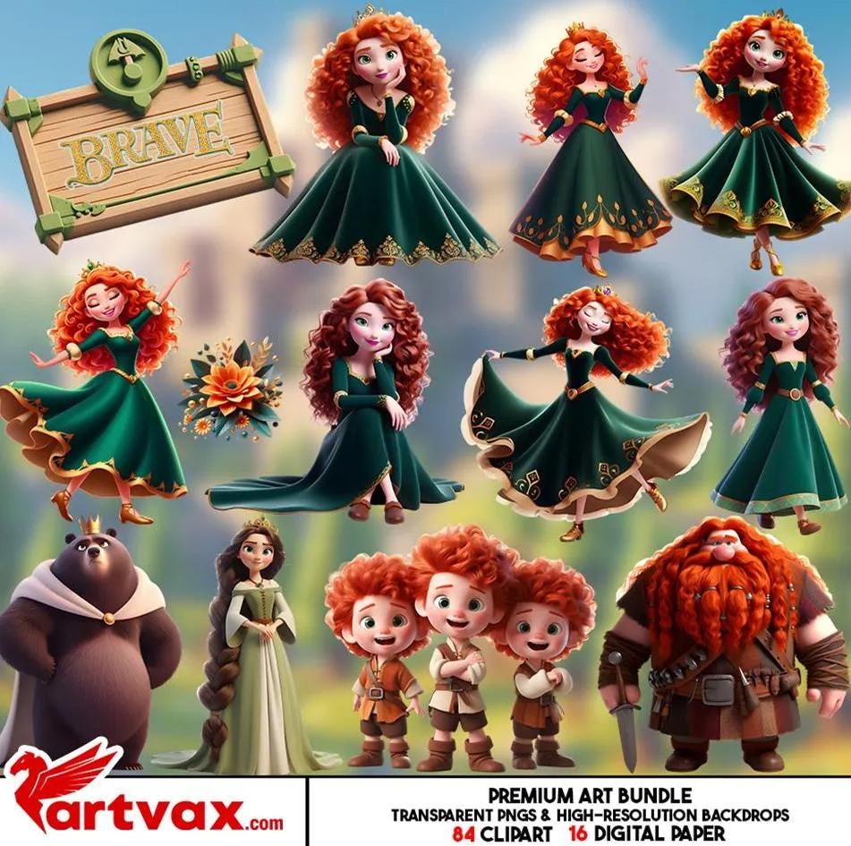 3D Brave Merida PNG Bundle, Princess Merida Clipart, Bear Triplets ...