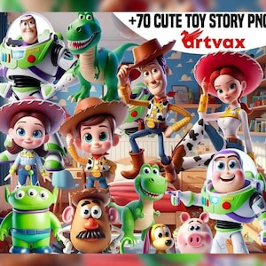 Könnte beinhalten: Ein lebendiges Bild mit mehreren Toy Story-Charakteren, darunter Woody, Buzz Lightyear, Jessie und andere. Die Charaktere sind im Cartoon-Stil dargestellt, mit leuchtenden Farben und detaillierten Designs. Das Bild enthält den Text "+70 CUTE TOY STORY PNG" und das Artvax-Logo.