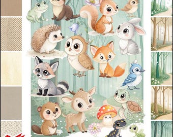 May include: A collection of watercolor illustrations featuring woodland animals such as a fox, owl, squirrel, and deer. The art bundle includes transparent PNGs and high-resolution backdrops. The color palette is soft and natural, with a focus on greens and browns.