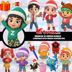 Kpop Christmas Clipart Bundle, Cute 3D Demon Hunter PNG, Saja Boys Huntrix, Korean Idol Holiday, Anime Winter Sublimation Download