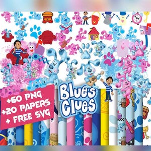 May include: A digital art pack featuring characters from Blue's Clues, including Blue and Magenta, with various related illustrations. The image shows a variety of designs, including paw prints, houses, and musical instruments. The text reads "+60 PNG +20 PAPERS + FREE SVG".