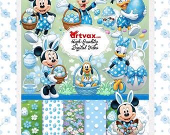 Watercolor Mickey Easter PNG Bundle | Blue Minnie Clipart | Donald Duck Easter Egg Sublimation | Goofy Pluto Bunny Spring Floral