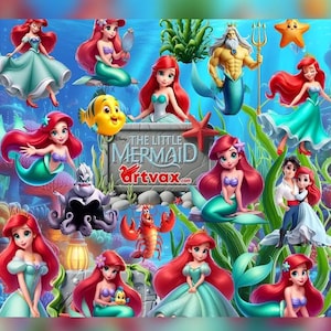 Può includere: Un'illustrazione vibrante con i personaggi de "La Sirenetta". L'immagine mostra Ariel, Re Tritone, Flounder, Sebastian e Ursula, ambientati su uno sfondo sottomarino. L'opera d'arte include il titolo del film e l'indirizzo del sito web artvax.com.