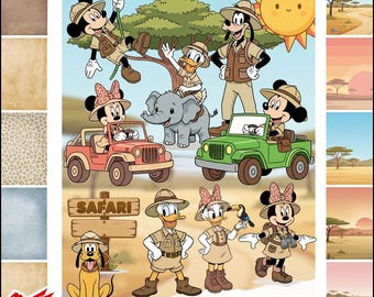 Safari Disney Clipart Bundle | Mickey Minnie Donald Goofy PNGs | Digital Download | Safari Party Decor & Nursery Art