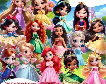 May include: A digital art bundle featuring 3D illustrations of Disney princesses. The image showcases various princesses in colorful gowns, with text that reads "3D Disney Princesses PNG Bundle." Additional text indicates the bundle includes 77 PNGs and 14 digital papers.