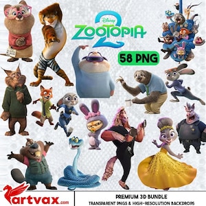 Könnte beinhalten: Ein digitales Bild mit Charakteren aus Disneys Zootopia 2. Das Bild enthält verschiedene Tierfiguren, wie Judy Hopps und Nick Wilde, im PNG-Format. Der Text "Zootopia 2" und "58 PNG" ist ebenfalls sichtbar.