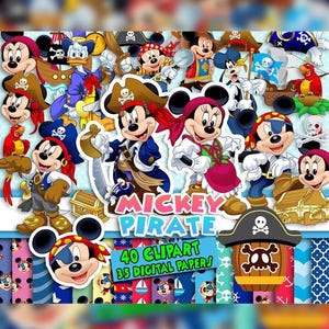 Puede incluir: Una colección de imágenes prediseñadas y papeles digitales con temática de piratas de Mickey Mouse y Minnie Mouse. La imagen presenta a Mickey y Minnie con atuendos de piratas, junto con barcos piratas, cofres del tesoro y loros. También se ve el texto "Mickey Pirate" y "40 Clipart 35 Digital Papers".
