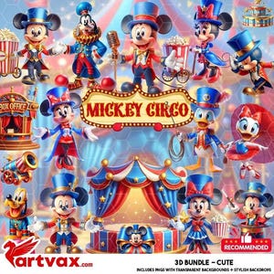 May include: A vibrant digital illustration featuring Mickey Mouse, Minnie Mouse, Donald Duck, and Goofy in circus attire. The characters are set against a colorful backdrop with a circus tent, popcorn carts, and the text "MICKEY CIRCO".