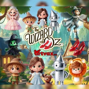 Paquete de imágenes prediseñadas del Mago de Oz, Dorothy Toto PNG en 3D, Espantapájaros, Hombre de Hojalata, León, Ciudad Esmeralda, Bruja Malvada, Descarga de imágenes PNG de sublimación