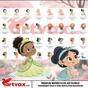 May include: A watercolor art bundle featuring illustrations of various princesses. The image includes a large illustration of Princess Tiana in a green dress and Princess Jasmine in a blue dress, along with smaller images of other princesses. The text "PREMIUM WATERCOLOR ART BUNDLE" is visible.