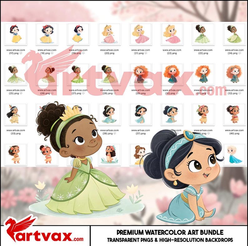 May include: A watercolor art bundle featuring illustrations of various princesses. The image includes a large illustration of Princess Tiana in a green dress and Princess Jasmine in a blue dress, along with smaller images of other princesses. The text "PREMIUM WATERCOLOR ART BUNDLE" is visible.