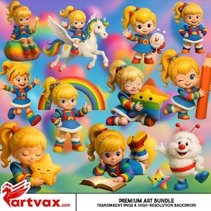 May include: A collection of colorful cartoon figures, including a girl with blonde hair in a blue dress, a rainbow, a star, and a unicorn. The figures are set against a vibrant, multi-colored background. The image includes the text "PREMIUM ART BUNDLE" and "artvax.com".