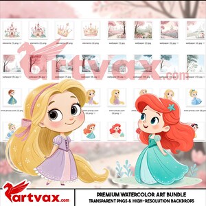 May include: A digital art bundle featuring watercolor illustrations of castles, crowns, and fairytale characters. Includes transparent PNGs and high-resolution backdrops. The image showcases two cartoon princesses, Rapunzel and Ariel, with a pink floral background.