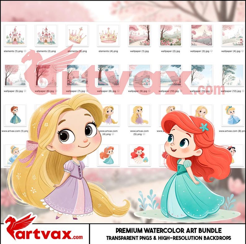 May include: A digital art bundle featuring watercolor illustrations of castles, crowns, and fairytale characters. Includes transparent PNGs and high-resolution backdrops. The image showcases two cartoon princesses, Rapunzel and Ariel, with a pink floral background.
