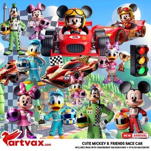 May include: A vibrant digital illustration featuring Mickey Mouse and friends in race car attire. The image includes Mickey in a red race car, Goofy, Donald Duck, Minnie Mouse, and Daisy Duck, along with race cars, trophies, and a traffic light. The text "NEW ARRIVAL" is visible.