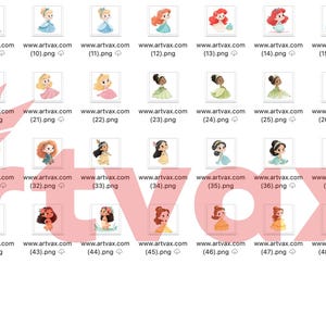 May include: Collection of cartoon illustrations of various princesses, each with unique hairstyles and outfits. The images are in a digital art style, with a clean and simple aesthetic. The princesses are depicted in a variety of poses.