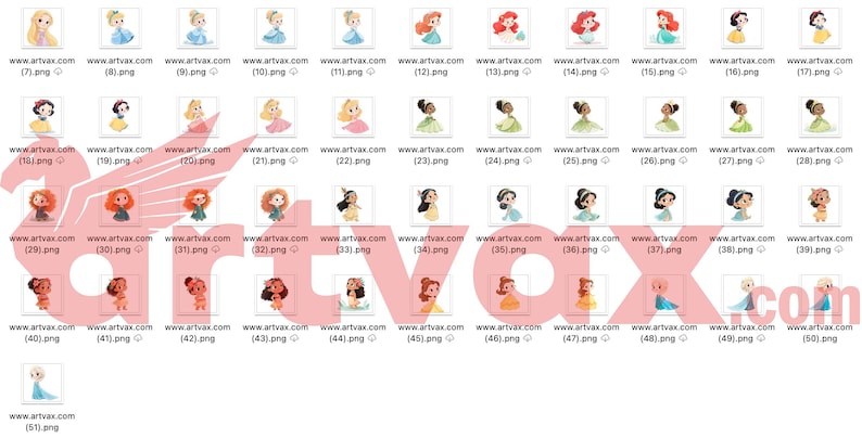 May include: Collection of cartoon illustrations of various princesses, each with unique hairstyles and outfits. The images are in a digital art style, with a clean and simple aesthetic. The princesses are depicted in a variety of poses.