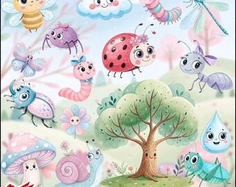 Paquete de imágenes prediseñadas de acuarela de insectos adorables: mariquitas, abejas, caracoles, mariposas y naturaleza. Arte digital de insectos.