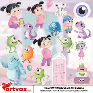 May include: A collection of watercolor illustrations featuring characters from the movie Monsters, Inc. The images include Boo, Sully, Mike Wazowski, and other monsters, along with a Monsters, Inc. helmet and a pink door. The text "PREMIUM WATERCOLOR ART BUNDLE" is also present.