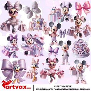Op de afbeelding: Een verzameling 3D-stripfiguren, waaronder Mickey en Minnie Mouse en Daisy Duck, in verschillende poses. De personages zijn in roze en paarse tinten, met strikken, cadeaus en accessoires. De tekst "CUTE 3D BUNDLE" en "INCLUDES PNGS WITH TRANSPARENT BACKGROUNDS + BACKDROPS" is inbegrepen.