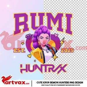 May include: A digital graphic design featuring the word "RUMI" in purple varsity-style lettering above a stylized illustration of a woman with purple hair. The design includes the text "EST. 2025" and "HUNTRIX", along with various graphic elements.
