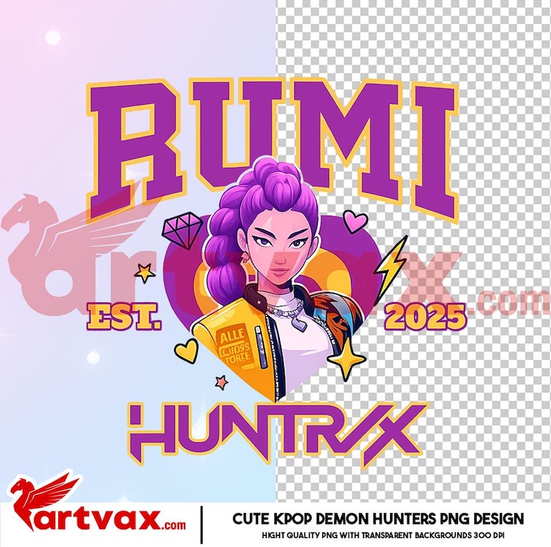 May include: A digital graphic design featuring the word "RUMI" in purple varsity-style lettering above a stylized illustration of a woman with purple hair. The design includes the text "EST. 2025" and "HUNTRIX", along with various graphic elements.