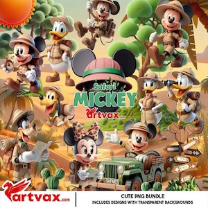 Puede incluir: Ilustración digital de Mickey Mouse, Minnie Mouse, Donald Duck, Goofy y Pluto con atuendos de safari. La escena incluye un jeep, señales direccionales y un paisaje desértico. El texto "Safari Mickey" se muestra.