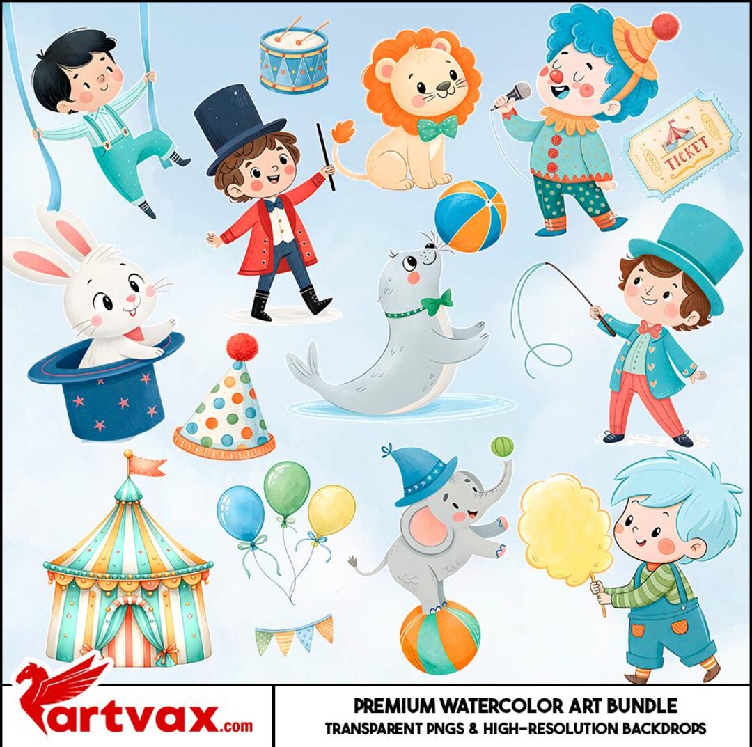Circus Watercolor Clipart Bundle | Cute Pngs | Clowns, Animals, Tent ...