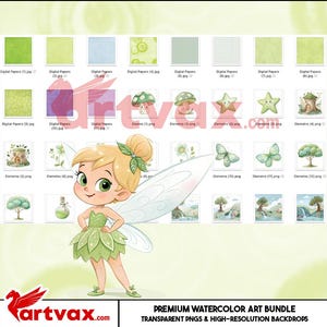 May include: A digital art bundle featuring a cartoon fairy in a green dress with leaf accents, surrounded by watercolor elements like mushrooms, stars, butterflies, and trees. Includes digital papers and high-resolution backdrops.