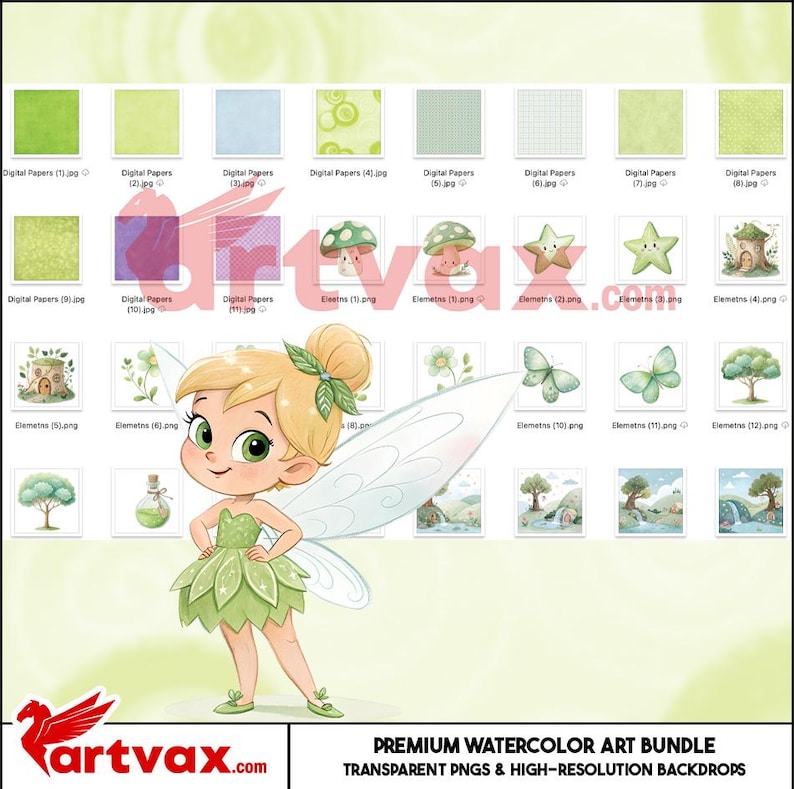 May include: A digital art bundle featuring a cartoon fairy in a green dress with leaf accents, surrounded by watercolor elements like mushrooms, stars, butterflies, and trees. Includes digital papers and high-resolution backdrops.