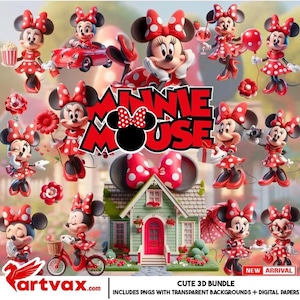 May include: A collection of 3D Minnie Mouse images in various poses, wearing red dresses with white polka dots and matching bows. The images include Minnie with a car, bicycle, and holding items. The text "MINNIE MOUSE" is displayed in red.