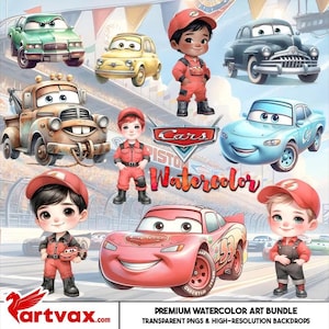 Cars Watercolor Clipart Bundle | Cute Pixar-Inspired Car PNGs | Kids Party, Nursery Decor, Scrapbooking, Sublimation Designs