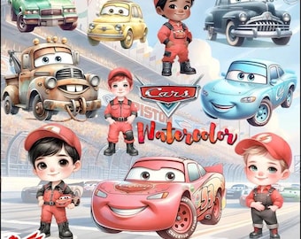 Cars Watercolor Clipart Bundle | Cute Pixar-Inspired Car PNGs | Kids Party, Nursery Decor, Scrapbooking, Sublimation Designs