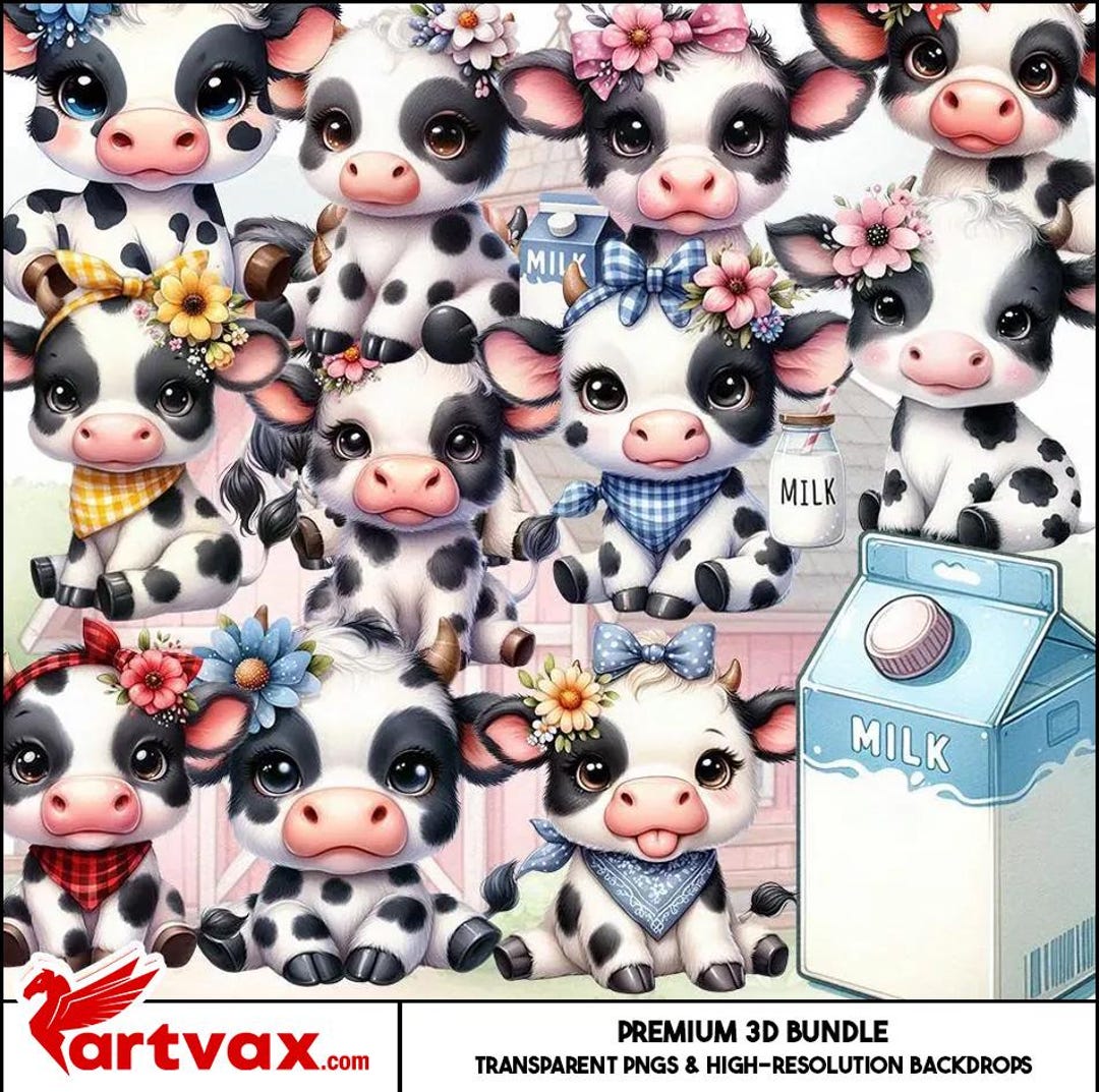 Cow Clipart Bundle, Cute 3D Baby Calf PNG, Farm Animal Birthday, Black ...
