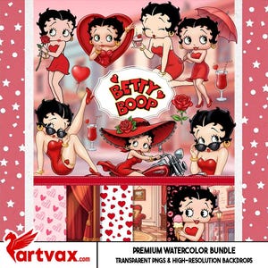 May include: A collection of Betty Boop illustrations in various poses, all in red dresses, with a red and white background. The images include Betty Boop holding a rose, a cupcake, and riding a motorcycle. The text "Betty Boop" is also present.