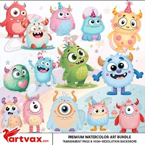 Cute Monster Watercolor Clipart Bundle | Funny Monster PNGs | Kids Birthday Party, Nursery Wall Art, Scrapbooking, Sublimation Designs