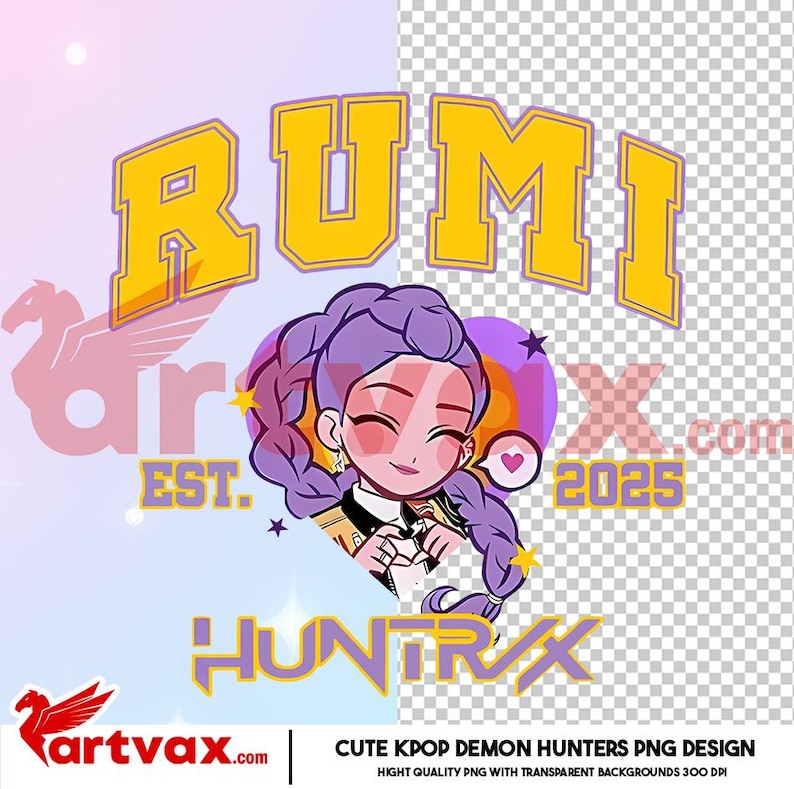 May include: A digital graphic featuring a cartoon character with purple hair and a smiling expression. The character is set against a transparent background, with the word "RUMI" in yellow block letters above. The text "HUNTREX" is below.