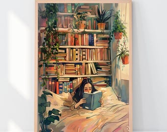 Girl Reading in Bed Cosy Art Print, Book Lover Wall Decor, Hygge Room Illustration