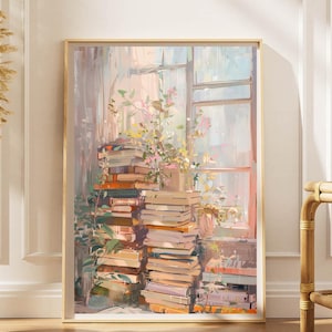 Pastelkleurige boekstapelkunstdruk, woondecoratie in leeshoek