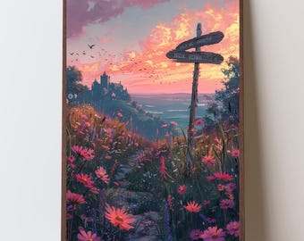 Fantasy Castle Art Print, Landscape Wall Poster, Fairy Tale Sunset Home Decor Illustration