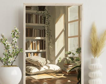 Cozy Reading Nook Art Print, Sunlit Room & Bookcase Wall Art, Calm Interior Illustration, Home Decor for Book Lovers