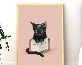Enemies to Lovers Black Cat Print, Bookish Wall Art, Black Cat Reading Poster